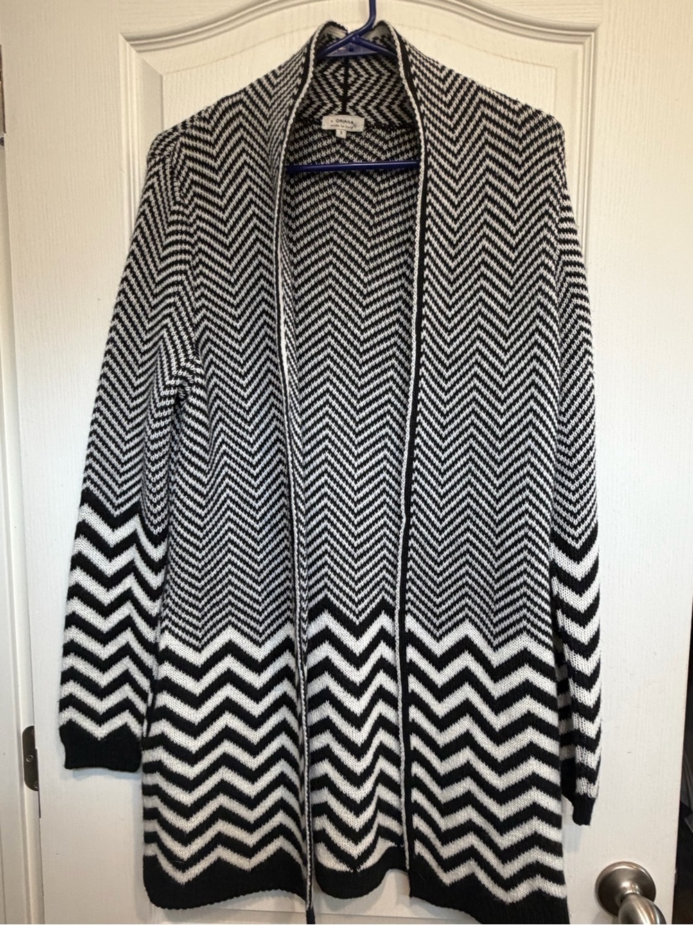 Open-Front Chevron Cardigan Sweater in Black & White